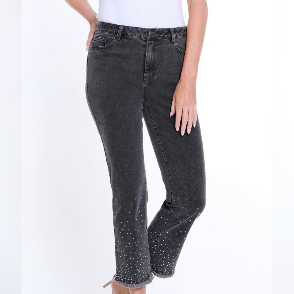 Multiples Lt grey embellished fringe flared  ankle jean